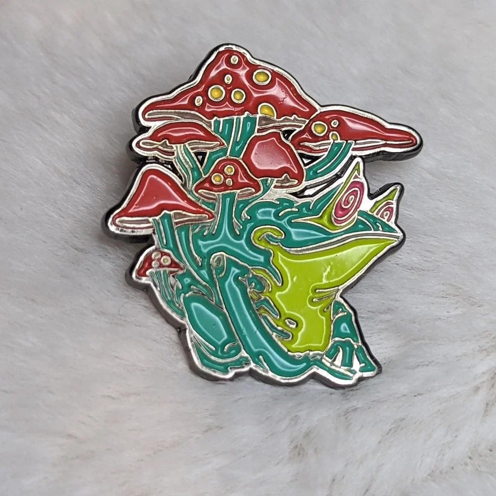 Trippy Psychedelic Frog with Mushrooms Enamel Pin